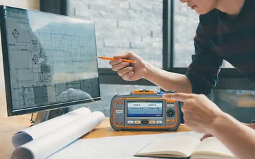 Inżynier analizuje projekt instalacji elektrycznej oraz parametry pomiarowe na komputerze