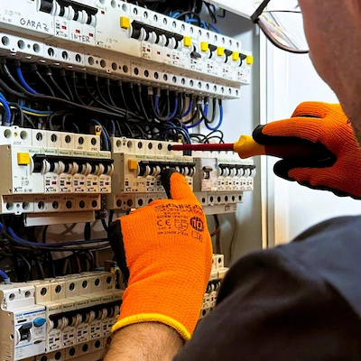 Elektryk wykonuje przegląd instalacji w Warszawie - dokręcanie zacisków aparatury w rozdzielnicy