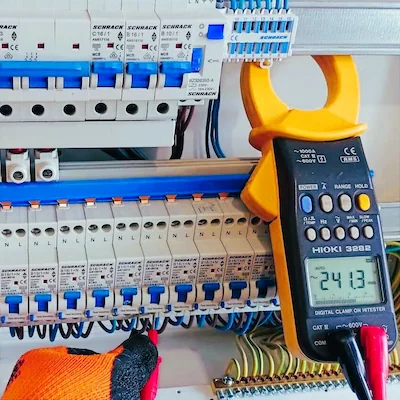 Kontrola napięcia w rozdzielnicy elektrycznej.