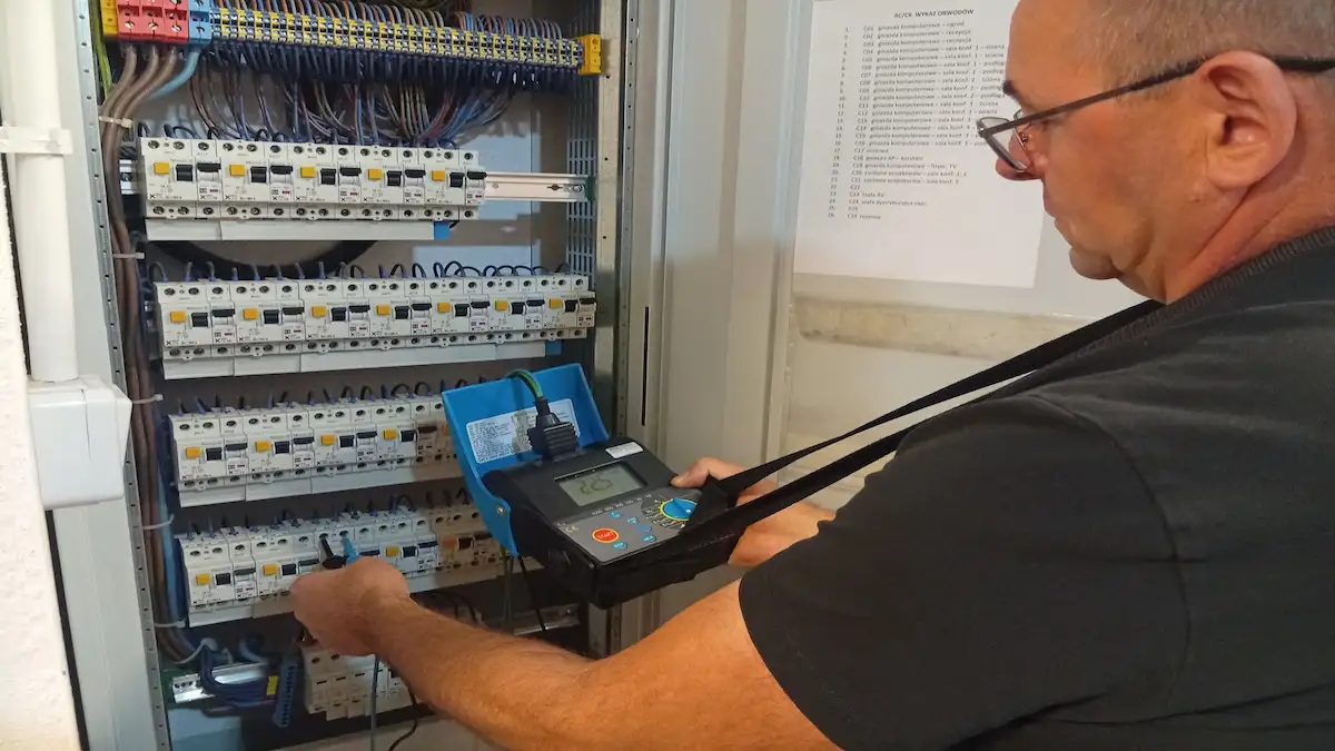 Pomiary przy rozdzielnicy podczas przeglądu 5 - letniego instalacji.